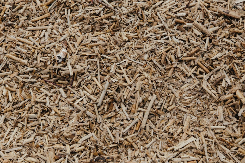 Close-up view of a large area covered with light brown, shredded wood chips and small wooden fragments, possibly used as mulch or packing material. The wood chips vary in size and shape, creating a textured surface. In the background, an interior space is visible where furniture such as a wooden wardrobe and cardboard boxes are being prepared for moving, with some items wrapped in fabric or protective padding. A man wearing casual clothes is seen lifting or carrying a box near a doorway, with a moving trolley and straps visible, indicating an active furniture transport and home relocation process. The environment suggests a residential setting during a packing and loading stage, with natural lighting illuminating the scene, and additional cardboard and plastic wrapping materials present to protect belongings during the move. Man with Van Brent Cross is offering professional removals and moving services, including loading and transport, as part of a comprehensive home relocation effort.